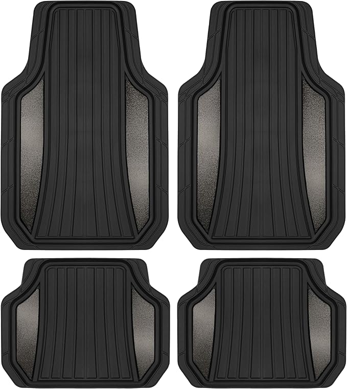 Motor Trend ChromeTech Car Floor Mats Full Set - Durable Rubber Floor Mats for Cars with Two Tone Accent, All Weather Interior Protection for Front and Rear with Non-Slip Backing, Gunmetal Chrome