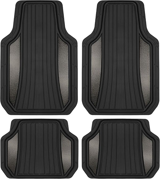 Motor Trend ChromeTech Car Floor Mats Full Set - Durable Rubber Floor Mats for Cars with Two Tone Accent, All Weather Interior Protection for Front and Rear with Non-Slip Backing, Gunmetal Chrome