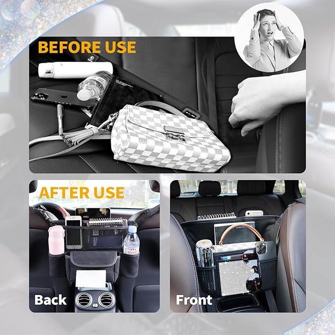 White Diamand Car Handbag Holder Between Seats Bling Crystal Car Storage Bag Large Capacity Purse Phone Ipad Automotive Consoles Organizer Safe Barrier of Backseat Pet Kids