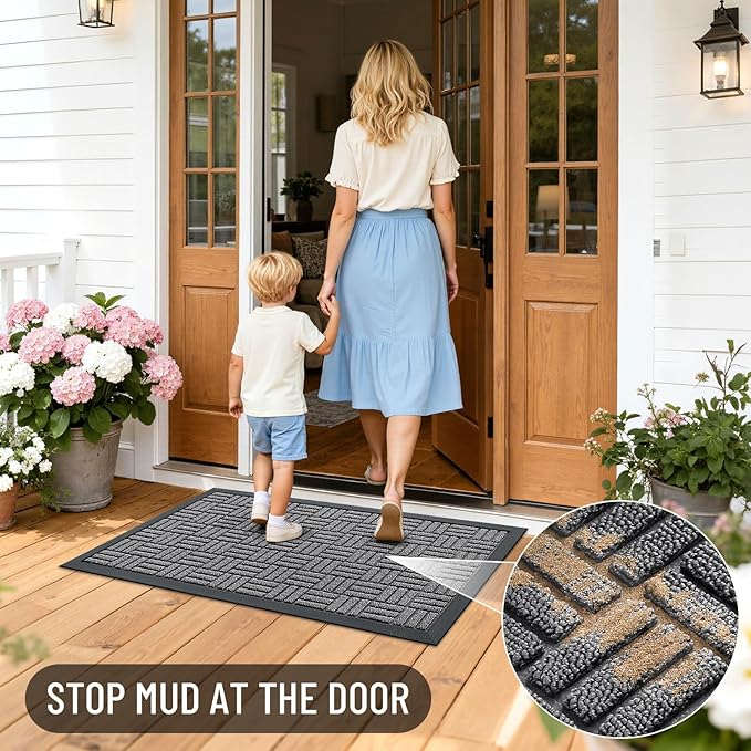 OLANLY Front Door Mat Outside Entrance 47x23, Absorbent, Heavy Duty Sturdy Natural Rubber Doormat Indoor Outdoor, Stain and Fade Resistant, Non-Slip Backing Low Profile Floor Mat for Entryway, Grey