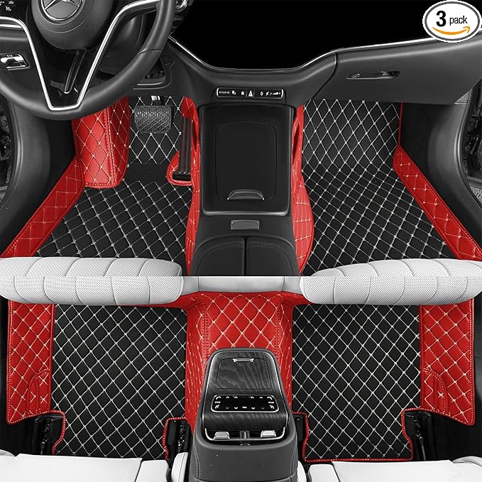 YaruicarCustom Car Floor Mats for 99.99% Sedan SUV Sports Car Men Women Protection Full Coverage Pads Anti-Slip Leather Floor Lining All Weather Car Floor Mats (Red Black 2)