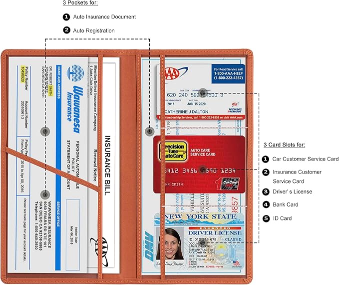 TOURSUIT Car Registration and Insurance Card Holder, Vehicle License Document Glove Box Compartment Organizer, Interior Car Accessories for Women Men Teens (Brown)