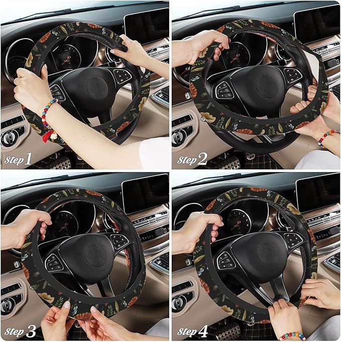 Vintage Mushroom Steering Wheel Cover, Woodland Nature Elastic Non-Slip Steering Wheel Protector,Auto Interior Decor for Women Girls,Universal 15" Fit for Sedans,Trucks