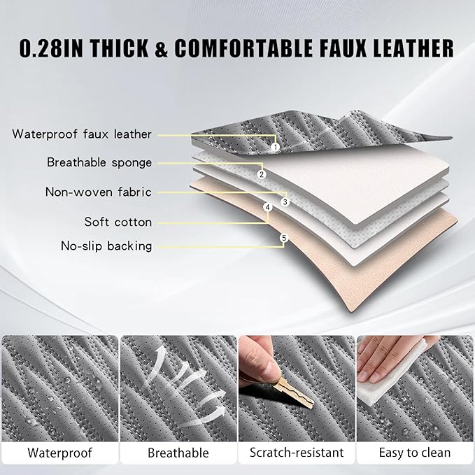 WELLDO Car Seat Covers Full Set, Premium Nappa Leather Seat Covers for Car, Waterproof Car Seat Protector with Lumbar Support, Automotive Seat Covers Universal Fit for Most Cars SUV Truck, Gray,w02.