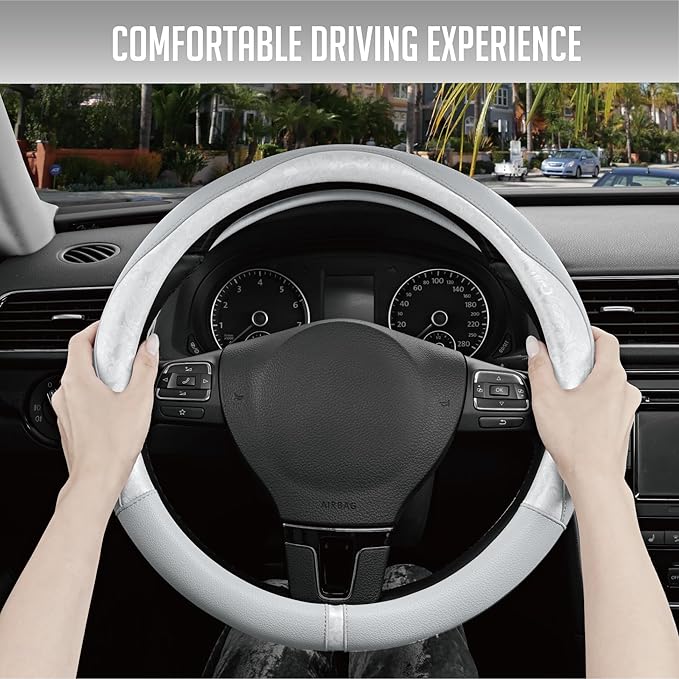 PIC AUTO Steering Wheel Cover, Silver Patterned Leather Patchwork Design, Universal Fit 14.5"–15.5", Anti-Slip, Odor-Free, Soft PU Grain Leather, Durable Grip Car Accessory for Girls & Women