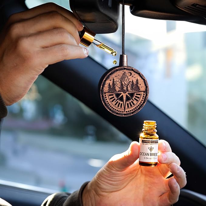 Wood Car Air Freshener — Handmade Car Air Freshener — Compass Mountains Designed Fragrance Oil Diffuser in Wooden Gift Box — Aromatherapy Set with Coffee Beans Fragrance Oil - 10 ml
