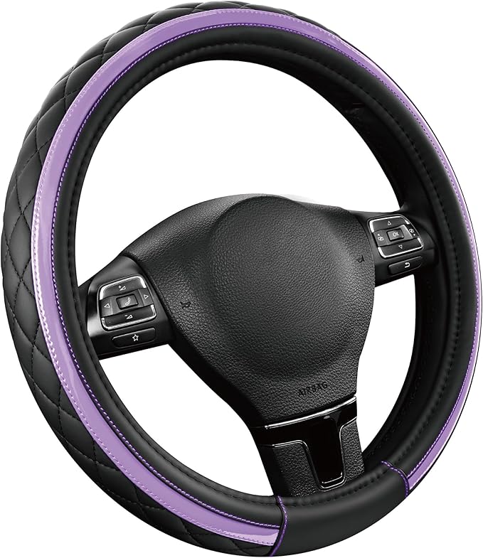 Road Comforts Leather Steering Wheel Cover – Black & Purple, Universal Fit 14.5-15 Inch, Microfiber Leather, Anti-Slip & Breathable Design for Men and Women