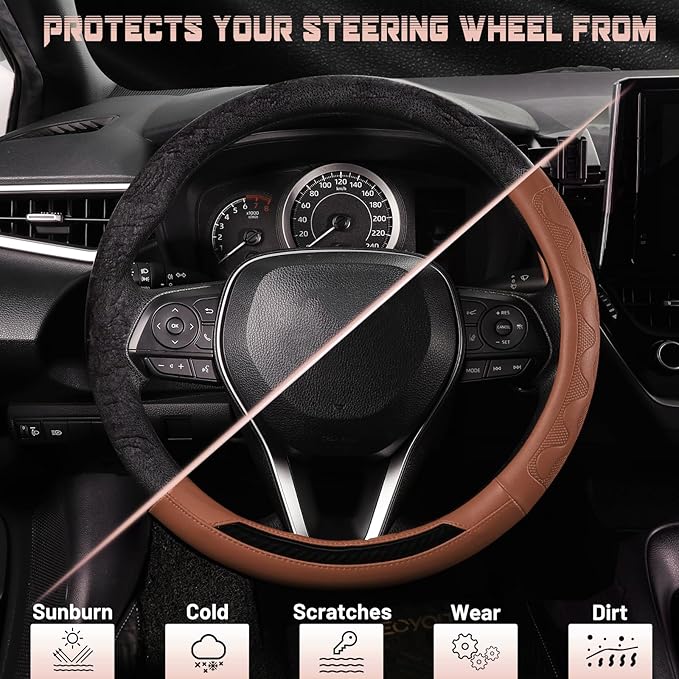 SEG Direct Car Steering Wheel Cover Medium Size 14 1/2"-15" Embossed Microfiber Leather with Carbon Fiber Pattern Brown