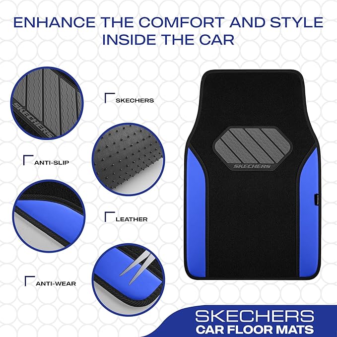 Skechers Car Floor Mats,Waterproof Universal Fit Faux Leather Car Mats,Floor Mats for Cars with Anti-Slip Heel Pad,Fit for SUVs,Vans,Sedans,Trucks,Blue