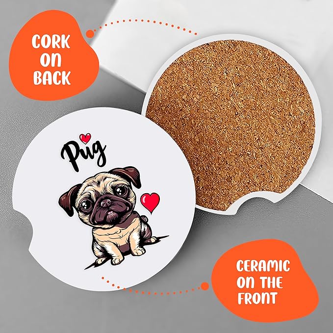 2 Pack Pug Car Cup Holder Coaster, Cute Pug Car Interior Accessories Drink Coaster for Women & Men, Pug Lovers Themed Gifts Stuff Accessories Things Merchandise Items!