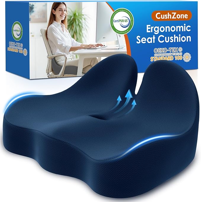 Seat Cushion, Memory Foam Office Chair Cushions, Ergonomic Curved Design for Sciatica, Tailbone, Coccyx, Seat Support for Car, Desk Chair, Wheelchair, Enhances Long Sitting Comfort (Blue)