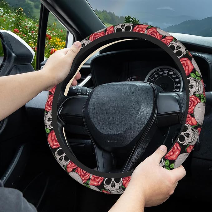 Watercolor Skull and Roses Car Steering Wheel Cover, Non-Slip Absorbing Sweat Car Wheel Cover Accessories for Men Women,Universal 15" Fit Auto SUV Vans Trucks