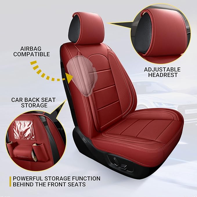 AOOG Leather Car Seat Covers with Car Backseat Organizer, Universal fit Automotive Vehicle Most Sedan SUV Pick-up Truck (Front Pair, Burgundy)