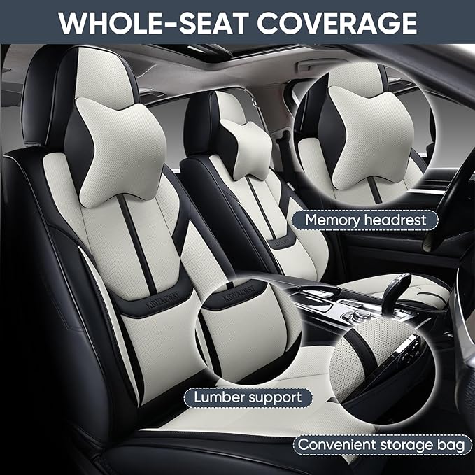 Auto Car Seat Covers Accessories Full Set Leather Cushion Protector Breathable Waterproof Seat Cover for Cars Universal Fit (Black&White, Front Pair and Rear)
