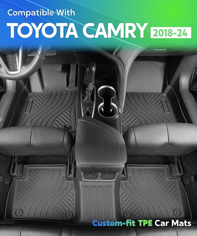 TPE All-Weather Floor Mats for Toyota Camry 2018-2024 (Not for Hybrid) | Custom Fit Floor Liners | 1st & 2nd Row Protection | Durable, Odorless, Easy to Clean (3-Piece Set, Black)