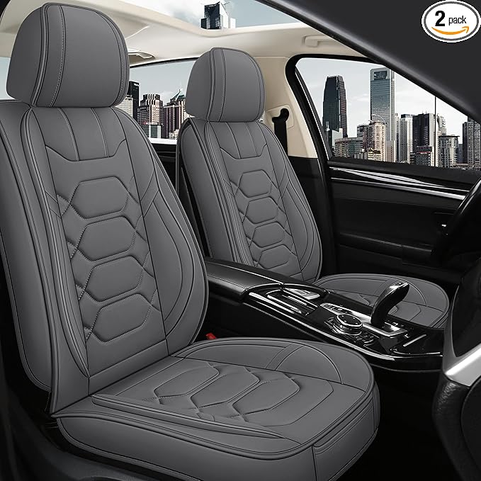 Pariitadin Leather Car Seat Covers Front Pair, Waterproof Breathable Faux Leather Automotive Seat Covers for Cars, Non-Slip Car Interior Covers Universal Fit Most Cars Sedans Trucks SUVs, Gray