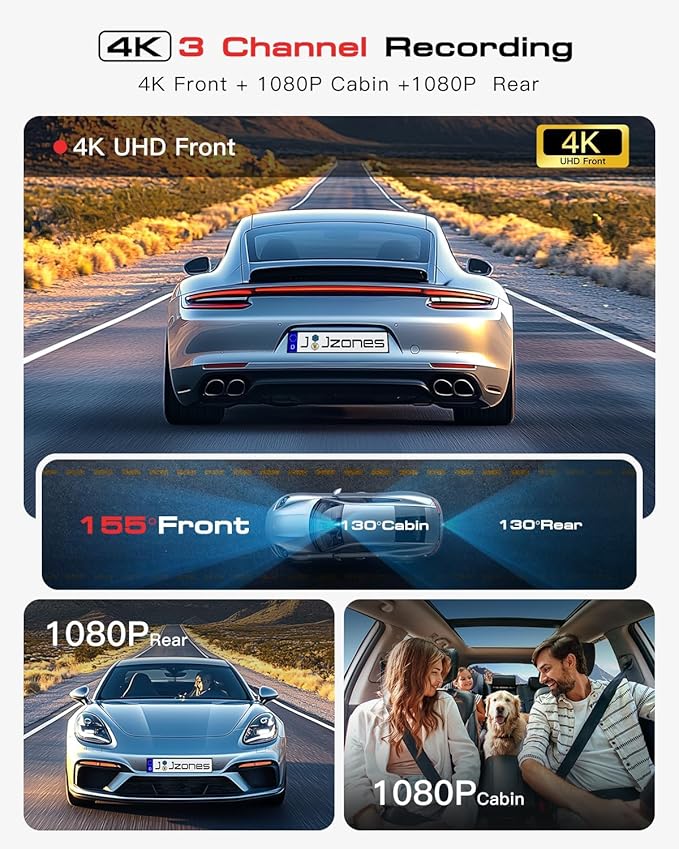 Dash Cam Front and Rear, 4K+1080P+1080P 3 Channel Dash Camera for Cars, STARVIS 2 Sensor Dash Camera with HDR Night Vision, 24H Parking Mode Car Camera with GPS, Free 64GB Card