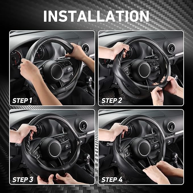 SEG Direct Car Steering Wheel Cover Small-Size for Prius Civic Model 3 Model Y Camaro Rogue with 14"-14 1/4" Outer Diameter Leather with Carbon Fiber Pattern Black