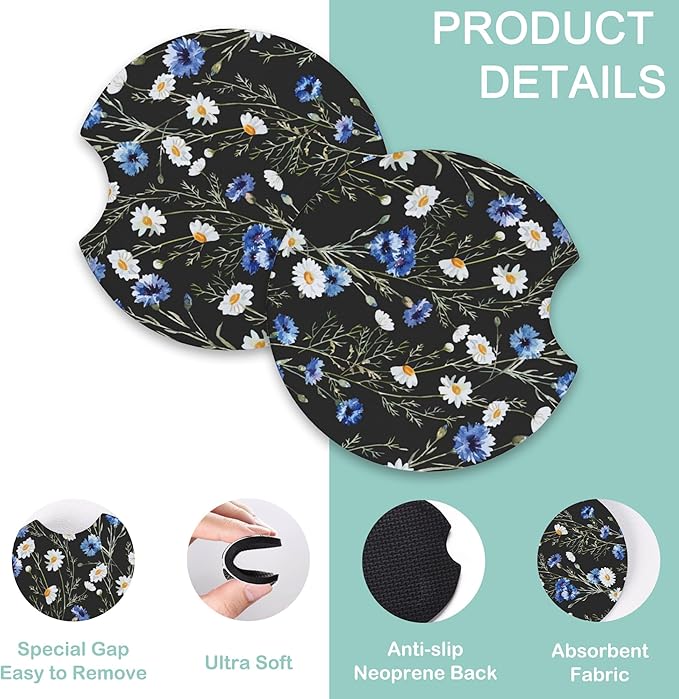 Watercolor Cornflower Daisy Floral Steering Wheel Cover for Women Men,Anti-Slip Breathable Car Steering Wheel Cover Elastic Protection with 2 Pieces Car Coasters,Universal 15" Fit Auto,Suvs,Truck