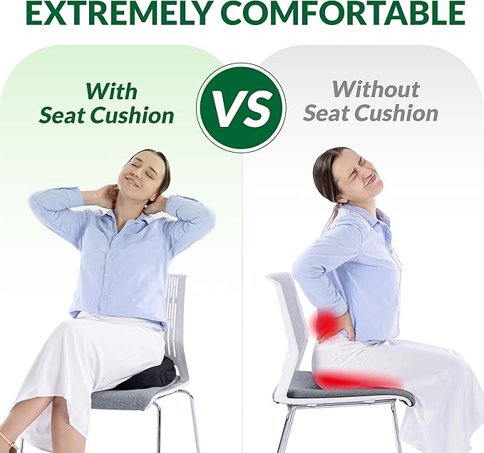 Seat Cushions for Office Chairs Car Airplane,Charcoal Memory Foam Seat Cushion,Ergonomic Tailbone Pain Relief Cushion, Sciatica & Back Support with Anti-Slip Bottom and Handle
