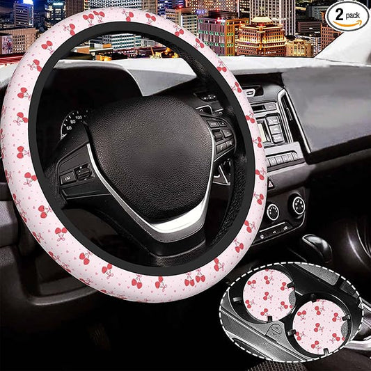Pink Cherries and Bows Steering Wheel Cover for Women Men,Anti-Slip Breathable Car Steering Wheel Cover Elastic Protection with 2 Pieces Car Coasters,Universal 15" Fit Auto,Suvs,Truck