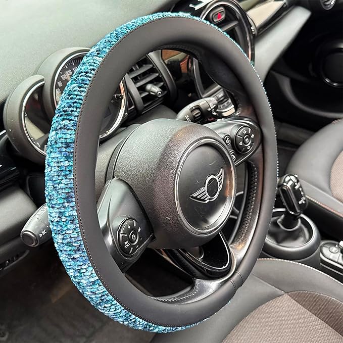 PINCTROT Chenille Leather Steering Wheel Cover, Soft Mottled Colors, Sweat-Proof, Non-Slip Grip, All-Season Comfort, Universal 14.5-15 Inch(Mottled Blue)