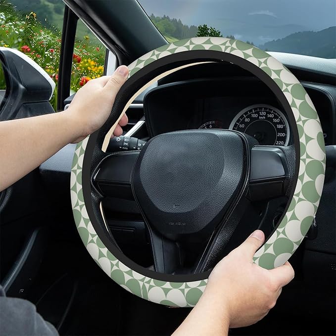 Vintage Grid Flowers Car Steering Wheel Cover, Non-Slip Absorbing Sweat Car Wheel Cover Accessories for Men Women,Universal 15" Fit Auto SUV Vans Trucks