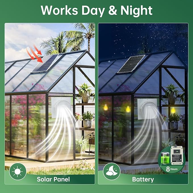 Solar Powered Exhaust Fan with Battery, 25 W Waterproof Solar Panel 8 Inch Ventilation Vent Fan Solar Fan for Greenhouse, Chicken Coop,Shed, Garage, Attic, Barn, Workshop,14.8ft Cable,5000mAh Battery