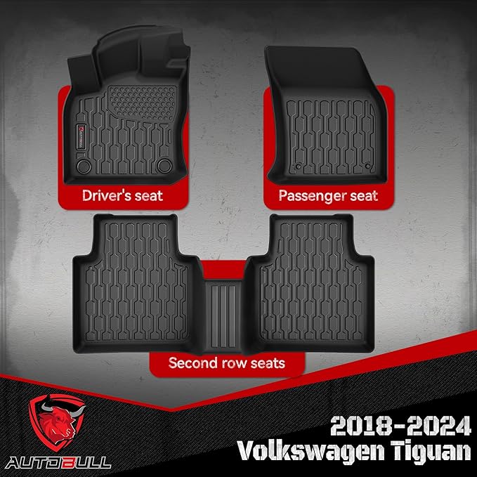 Floor Mats Compatible with Volkswagen VW Tiguan 2018-2024, All Weather TPE Floor Liners, Custom Fit Car mats, 1st & 2nd Row, Black