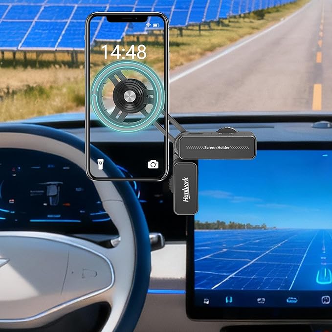 Screen Clip Phone Holder, Magnetic Car Phone Mount for Tesla Model 3/Y/S/X/Cybertruck, Adjustable Extendable Cellphone Holder for MagSafe for iPhone 17 16 15 14 13 12 Series, and More(Classic Model)