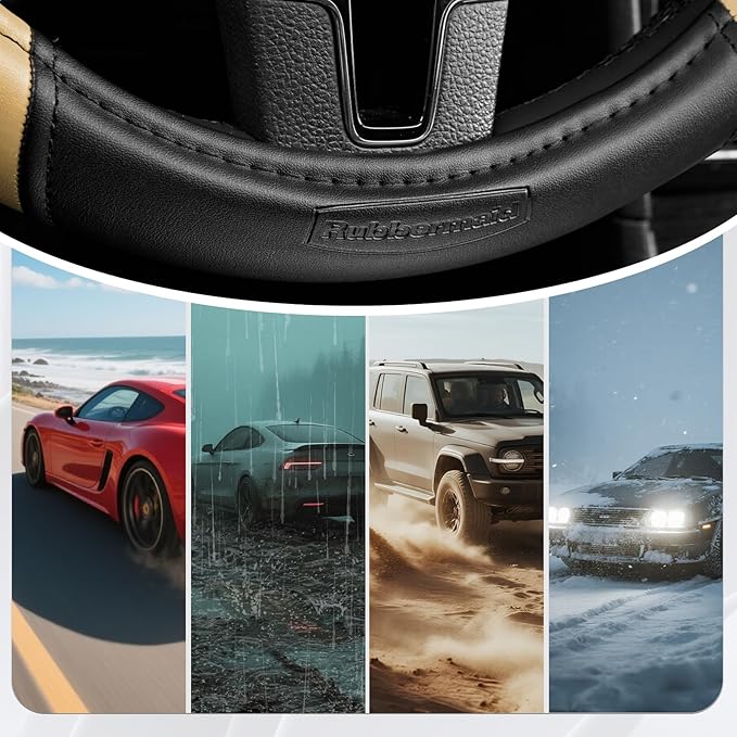 Rubbermaid Steering Wheel Cover – Universal Fit 14.5"–15" Steering Wheel Cover, Anti-Slip Grip, Breathable Leather, All-Season Protection, Interior Upgrade for Cars, Trucks, SUVs - Beige