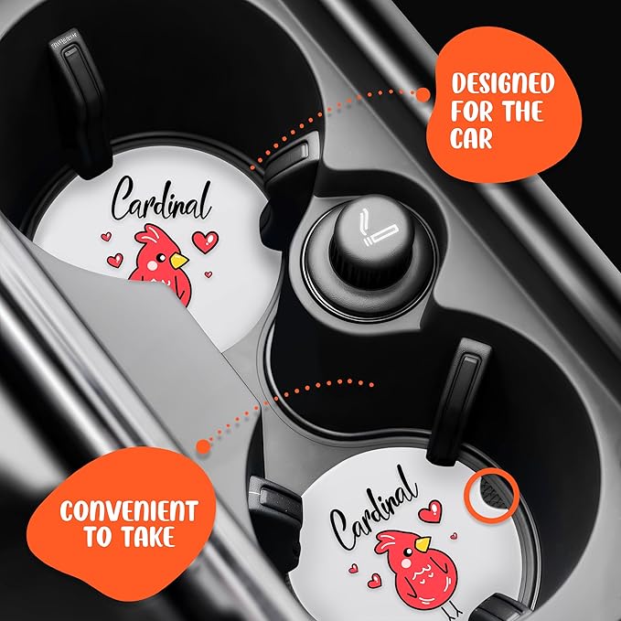2 Pack Cardinal Car Cup Holder Coaster, Cute Car Interior Accessories Drink Coaster for Women & Men, Cardinal Lovers Themed Gifts Stuff Things Merchandise Items!