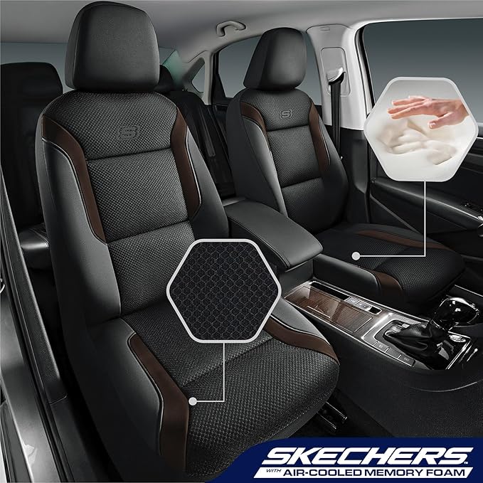 Skechers Memory Foam Car Seat Covers, Air Cool Mesh Thick Seat Covers, Car Seat Full Sets Airbag Compatible, Automotive Comfort for Most Cars,Vans,Trucks, SUVs,Brown