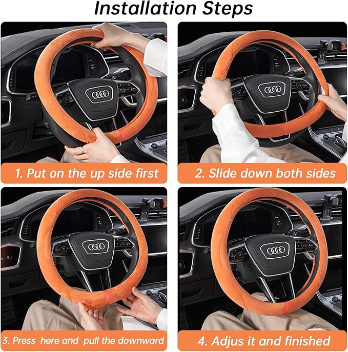 OURTIME Faux Suede Car Steering Wheel Cover, Universal 15 inch,Anti-Slip, Comfortable, Soft,Microfiber Breathable Suede Fabric,Warm in Winter and Cool in Summer (Gray with Orange)