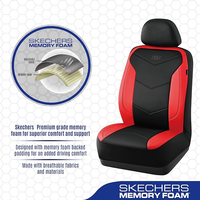 Skechers Memory Foam Seat Covers,Leather Car Seat Covers, Ultimate Comfort & Support Seat CoversFull Sets,Airbag Compatible, Automotive Universal Fit Most for SUVs, Vans, Sedans, Cars, Trucks,Red