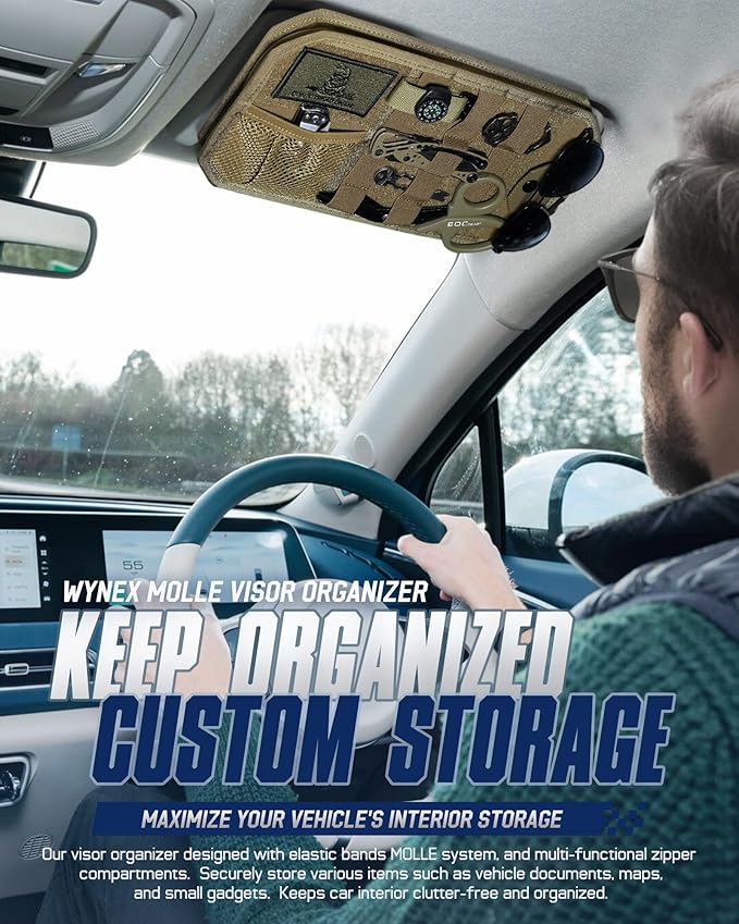 WYNEX Molle Car Sun Visor Organizer, Original Design Car Accessories with Zipper Visor Storage Pouch & Glasses Clip, Semi-Rigid Molle Panel for Tactical Gears, Fits Most Vehicles, SUVs, Trucks