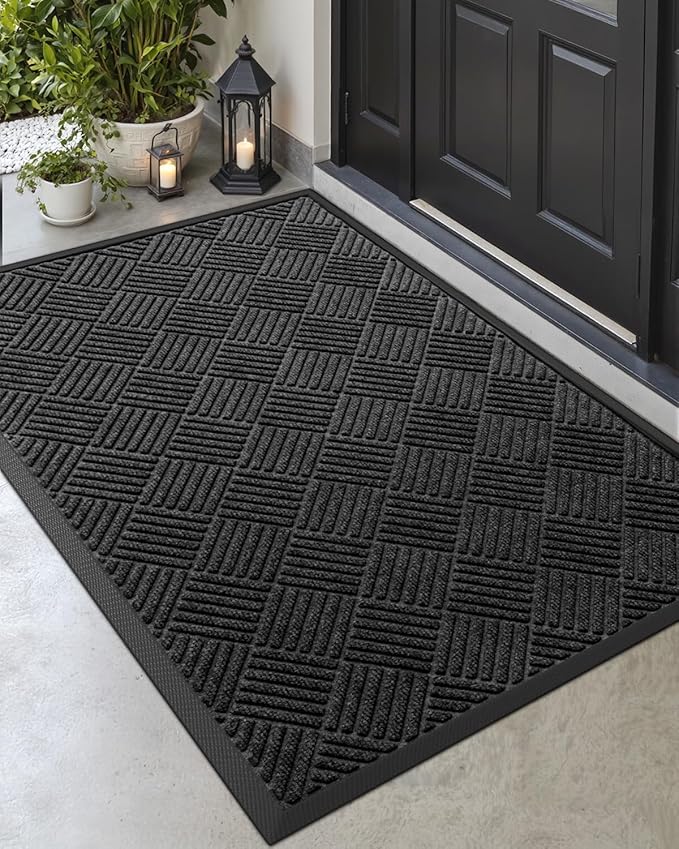 DEXI Front Door Mat Outside Entrance, 4x6 ft Rubber Entry Doormat Heavy Duty, Welcome Mats Non Slip for Inside House Floor Entryway Back Doors Exterior Patio, Diamond Black