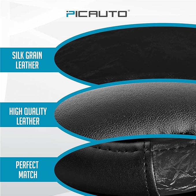 PIC AUTO Steering Wheel Cover, Silk Grain Leather Car Steering Wheel Protector, Comfortable Grip, Universal 14.5-15.5 Inch Anti-Slip Steering Wheels Accessories for Men & Women (Black)