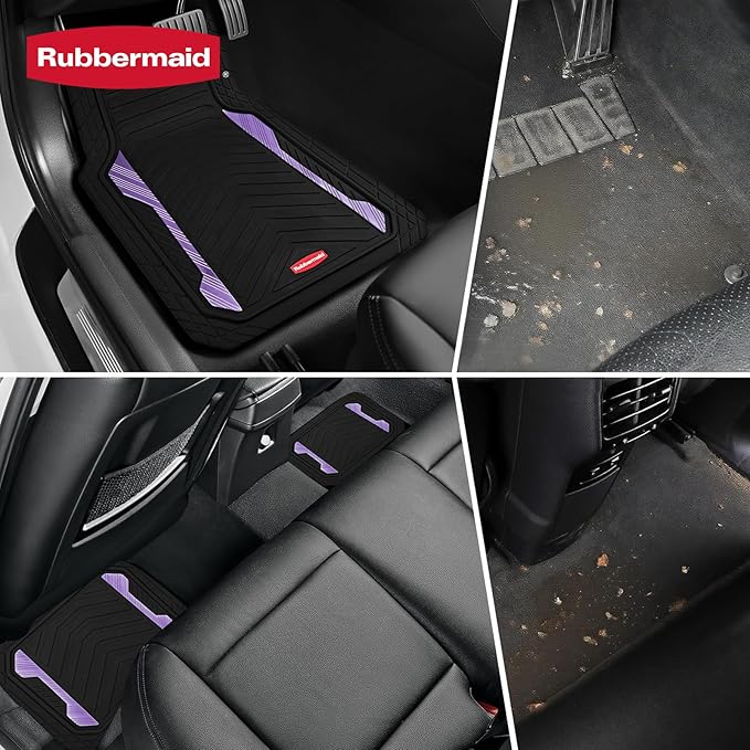 Rubbermaid Car Floor Mat, Heavy Duty All-Weather Car Mats Full Set with Dual-Tone Purple Aluminum Inserts – Universal Fit, Anti-Slip Backing, Trim-to-Fit for Most SUV, Sedan, Van