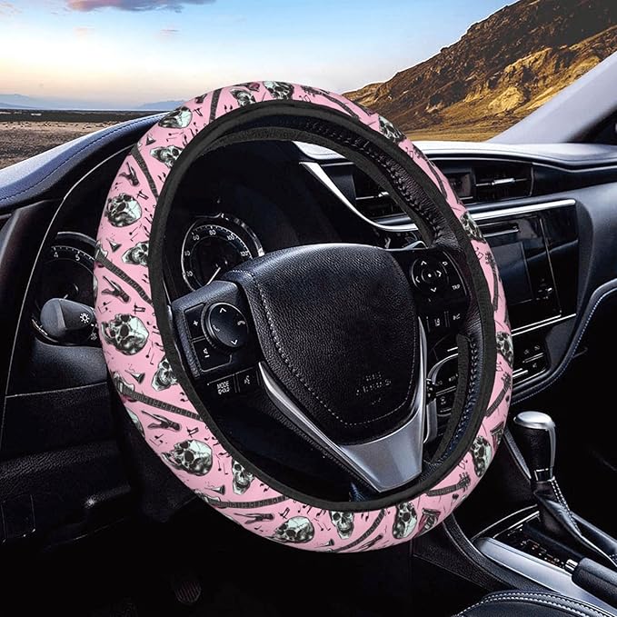 Rock Roll Skull Love Music Steering Wheel Covers Anti-Slip Elasticity Car Accessories Steering Wheel Protector Universal 15 Inch for Cars SUV Vehicle Truck