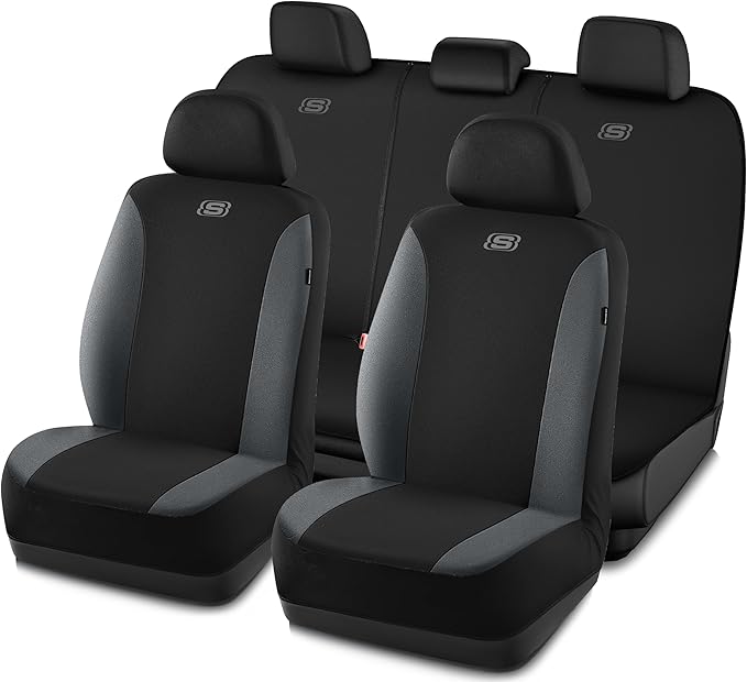 Skechers Seat Covers, Premium Breathable Polyester Seat Covers, Car Seat Covers Full Set Airbag Compatible, Automotive Comfort for Most Cars, Vans, Trucks, SUVs (Full Set,Grey)