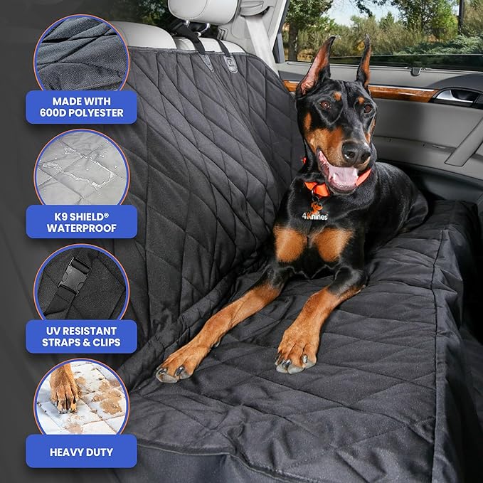 4Knines Dog Backseat Cover with Hammock for Cars, SUVs, and Trucks – Waterproof Layers, Nonslip Seat Protector, Durable Nylon Clips, K9 Shield with Heavy Duty Thread, (Regular, Black)