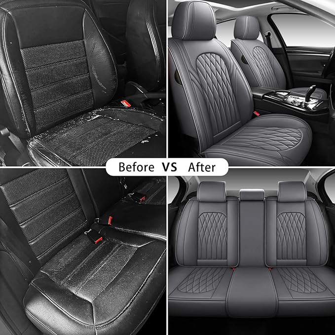 WELLDO Car Seat Covers Full Set, Faux Leather Seat Covers for Cars, Car Seat Protector Waterproof, Non-Slip Car Interior Covers Full Set Universal Automotive Seat Covers for Most Cars SUVs, Gray