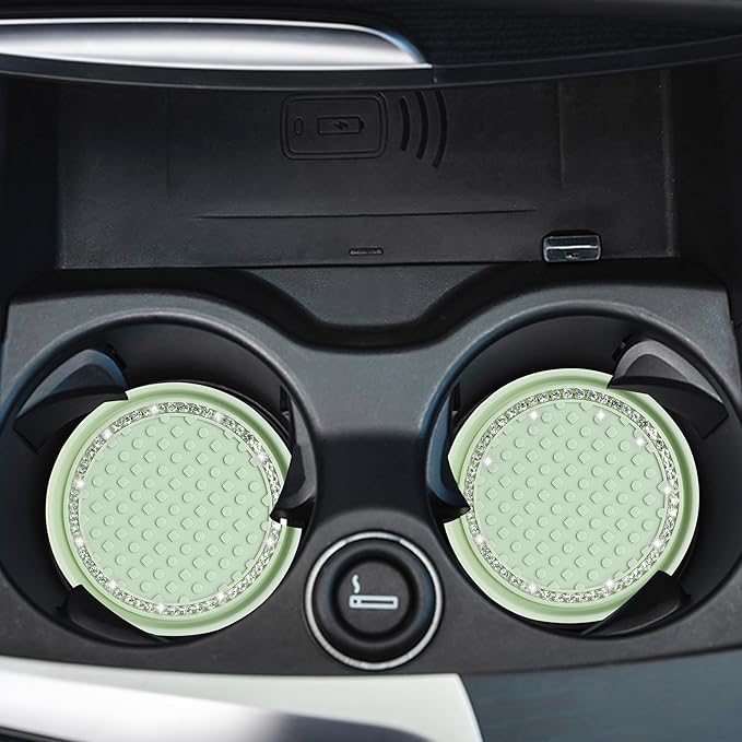 Amooca Car Cup Coaster 4 Pack Universal Non-Slip Cup Holders Insert Coasters Bling Crystal Rhinestone Car Interior Accessories Tea Green Dots