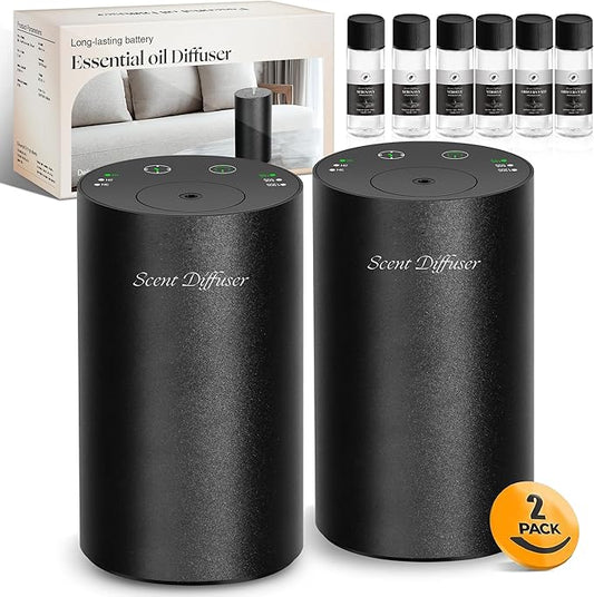 Waterless Essential Oil Diffuser Starter Kit - No Water Needed, Battery Operated Mini Scent Air Machine, Included 3x20ML Essential Oils, Portable Aromatherapy Diffuser for Home & Car, Black, 2Pack
