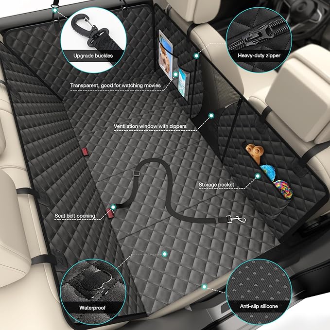 AsFrost Upgraded PU Leather Dog Car Seat Cover for Back Seat, Waterproof Scratchproof Back Seat Extender Protector with Hard Bottom for Dogs Travel Camping, Dog Hammock Bed for Cars SUVs Trucks-Black