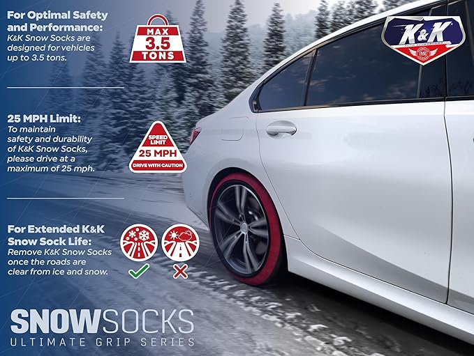 K&K Auto Snow Socks for Tires – Pro Series for Ultimate Grip Approved Snow Chain Alternative Traction Device – Tire Sock for Pickup Truck SUV Van – Winter Travel Accessory Emergency Kit – 3XL (2pcs)