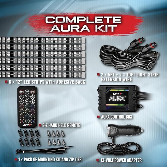 OPT7 Aura Double Row Car LED Lights Interior 6pc with Wireless Remote Control, Multicolor Mode, Sound Active Function Inside Ambient Lighting Kit, Footwell Floor Decor, Charger Adapter 12V