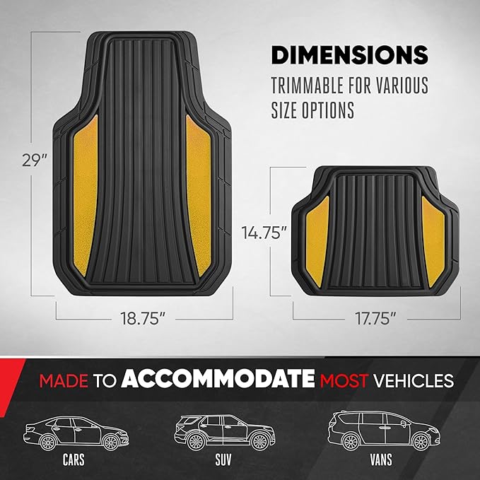 Motor Trend ChromeTech Car Floor Mats Full Set - Durable Rubber Floor Mats for Cars with Two Tone Accent, All Weather Interior Protection for Front and Rear with Non-Slip Backing, Black/Gold
