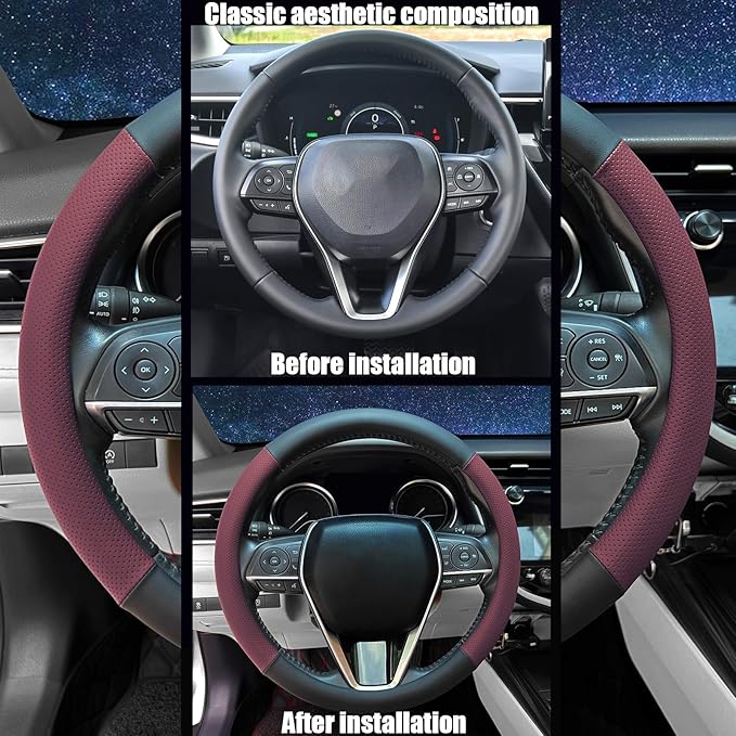 Steering Wheel Cover Standard Size 14.5-15 inch, Non-Slip Car Wheel Cover Protector, Breathable Microfiber Leather, Black and Burgundy